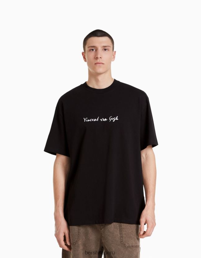 negro Bershka hombres camiseta de manga corta con estampado de van gogh 806J6B2626