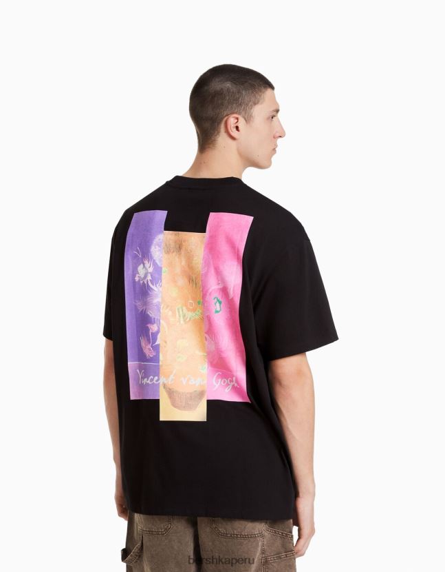 negro Bershka hombres camiseta de manga corta con estampado de van gogh 806J6B2626