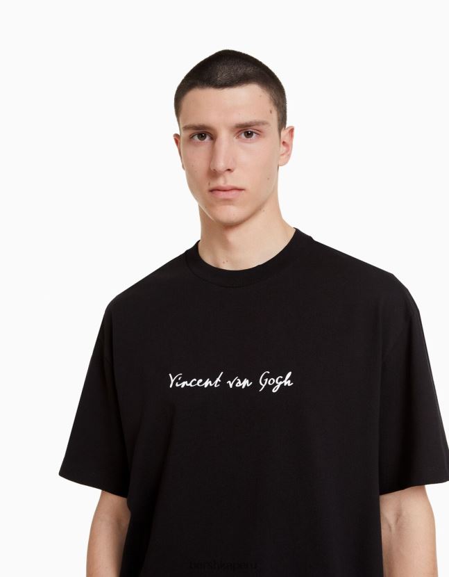 negro Bershka hombres camiseta de manga corta con estampado de van gogh 806J6B2626