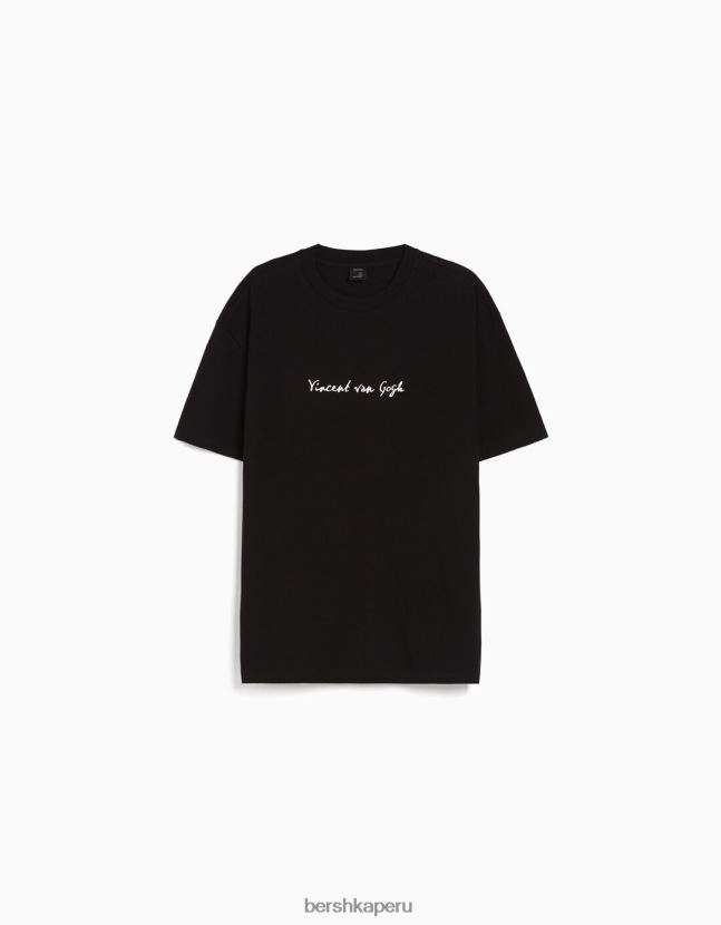 negro Bershka hombres camiseta de manga corta con estampado de van gogh 806J6B2626