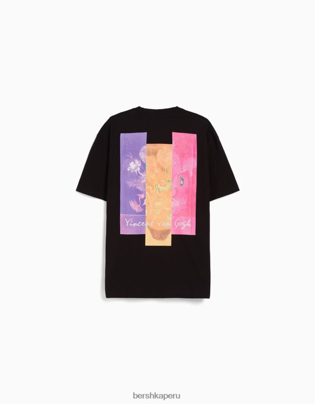 negro Bershka hombres camiseta de manga corta con estampado de van gogh 806J6B2626
