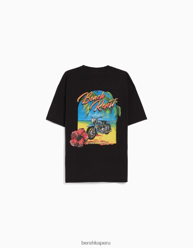 negro Bershka hombres camiseta de manga corta con estampado desteñido y corte cuadrado con parche 806J6B2714