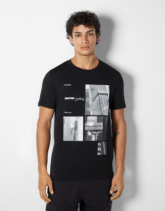 negro Bershka hombres camiseta de manga corta con estampado fotográfico 806J6B2675