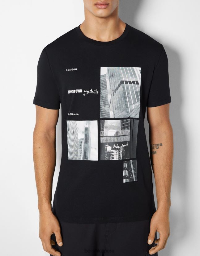 negro Bershka hombres camiseta de manga corta con estampado fotográfico 806J6B2675