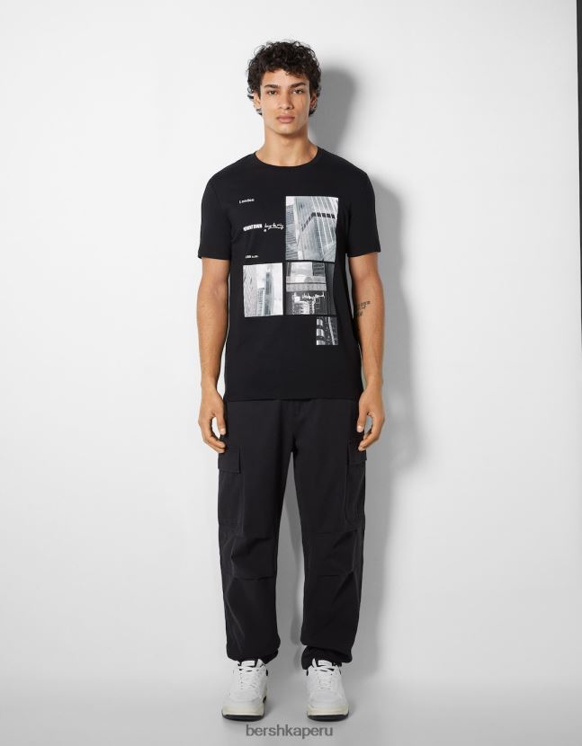 negro Bershka hombres camiseta de manga corta con estampado fotográfico 806J6B2675