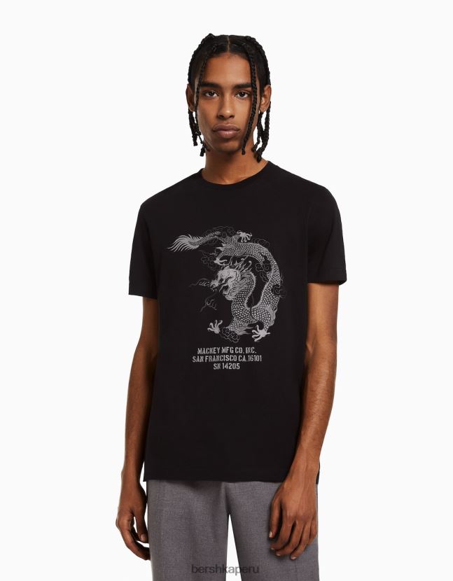 negro Bershka hombres camiseta de manga corta con estampado regular fit 806J6B2726