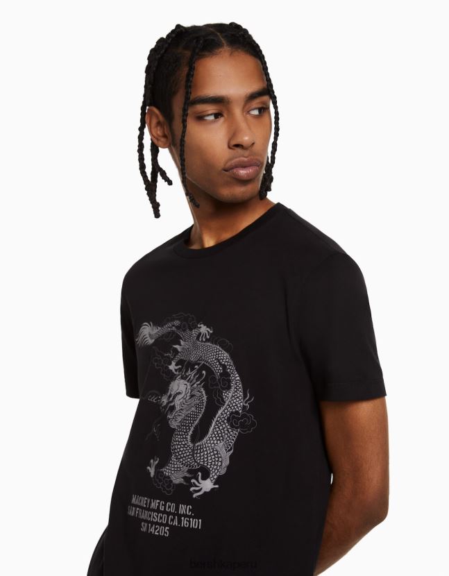 negro Bershka hombres camiseta de manga corta con estampado regular fit 806J6B2726