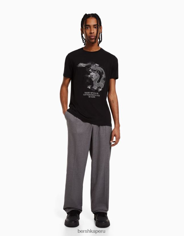 negro Bershka hombres camiseta de manga corta con estampado regular fit 806J6B2726