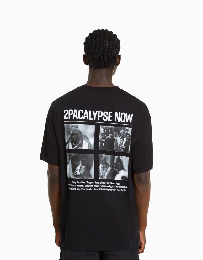 negro Bershka hombres camiseta de manga corta con estampado tupac 806J6B2722