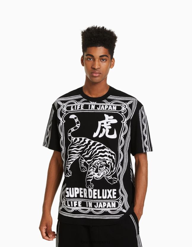 negro Bershka hombres camiseta de manga corta con texto estampado 806J6B2603
