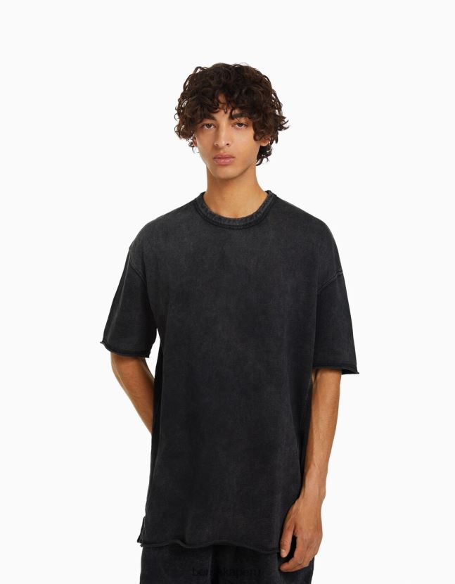 negro Bershka hombres camiseta de manga corta desteñida 806J6B2651