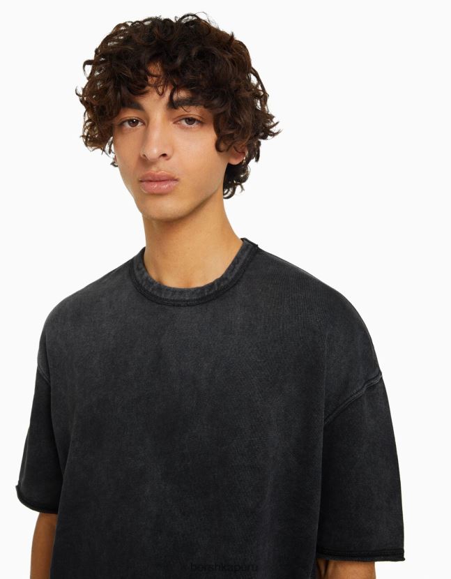 negro Bershka hombres camiseta de manga corta desteñida 806J6B2651