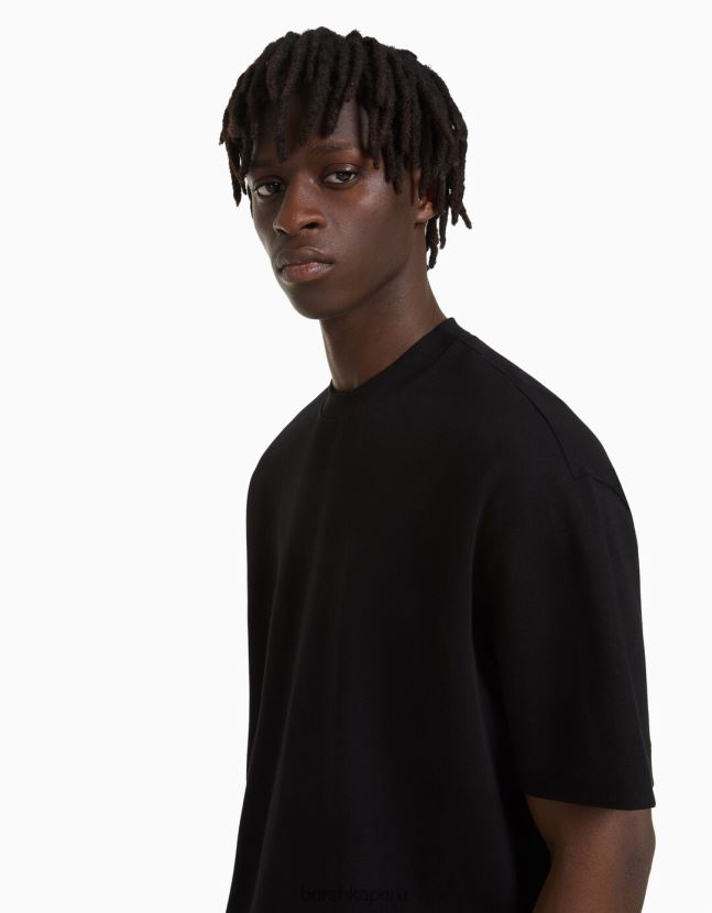 negro Bershka hombres camiseta de manga corta entrelazada 806J6B2751