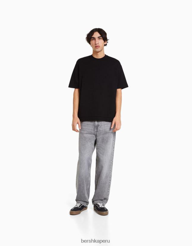 negro Bershka hombres camiseta de manga corta entrelazada 806J6B2751