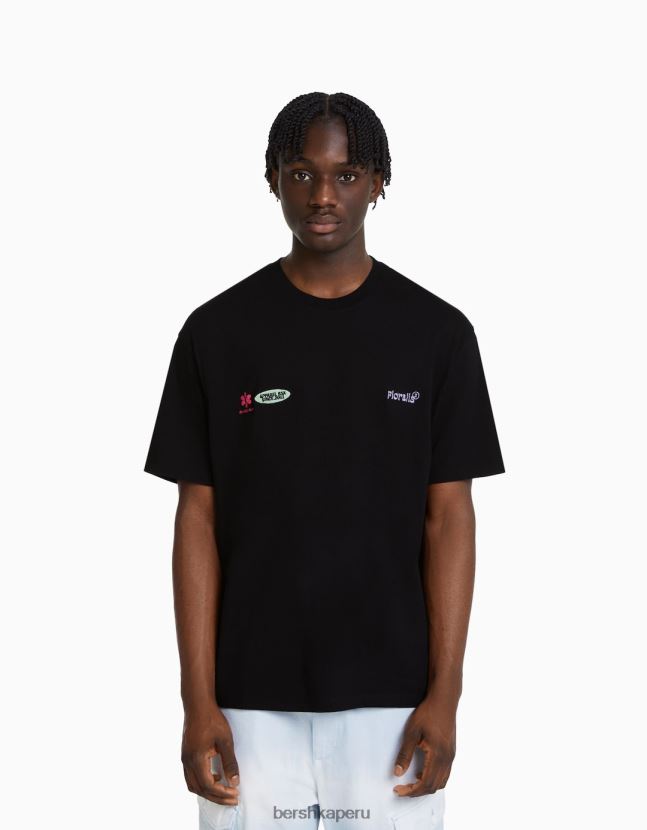 negro Bershka hombres camiseta oversize de manga corta con estampado bordado 806J6B2814