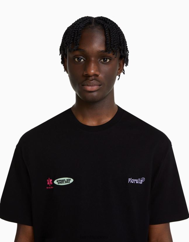 negro Bershka hombres camiseta oversize de manga corta con estampado bordado 806J6B2814