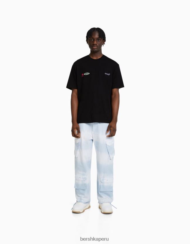 negro Bershka hombres camiseta oversize de manga corta con estampado bordado 806J6B2814
