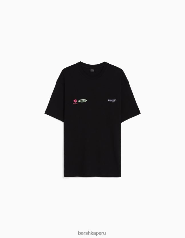 negro Bershka hombres camiseta oversize de manga corta con estampado bordado 806J6B2814