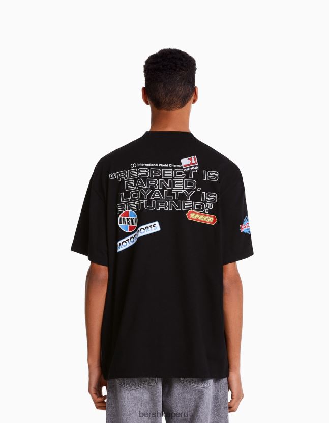 negro Bershka hombres playera de carreras de manga corta boxy fit 806J6B2658
