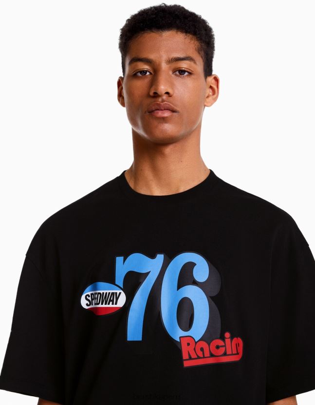 negro Bershka hombres playera de carreras de manga corta boxy fit 806J6B2658