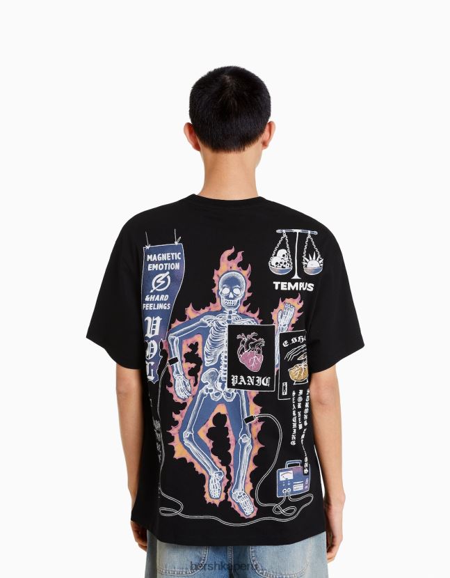 negro Bershka hombres playera de manga corta con estampado boxy fit 806J6B2618