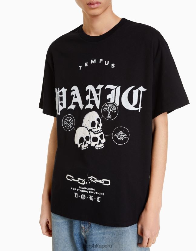 negro Bershka hombres playera de manga corta con estampado boxy fit 806J6B2618