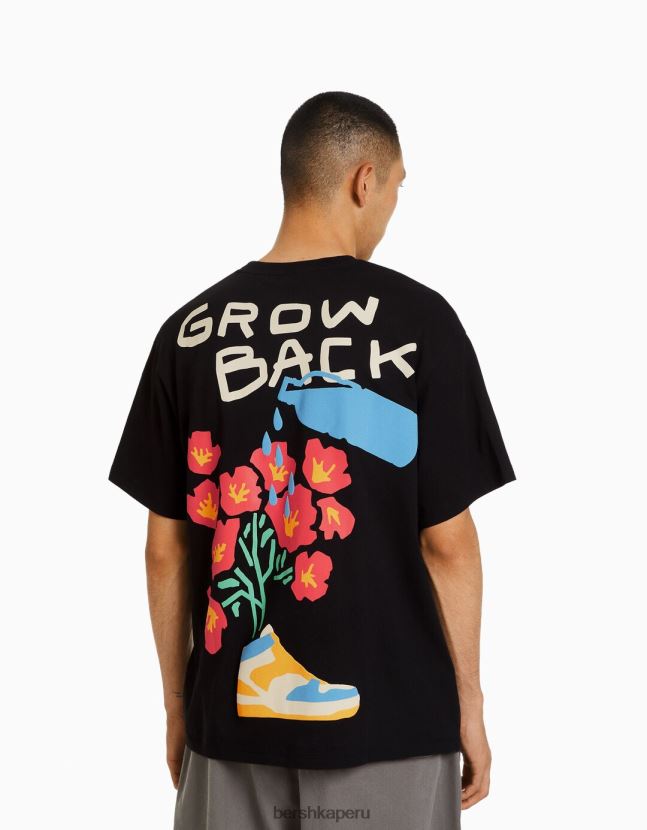 negro Bershka hombres playera de manga corta con estampado boxy fit 806J6B2636