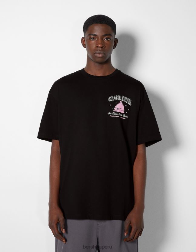 negro Bershka hombres playera de manga corta con estampado boxy fit 806J6B2851