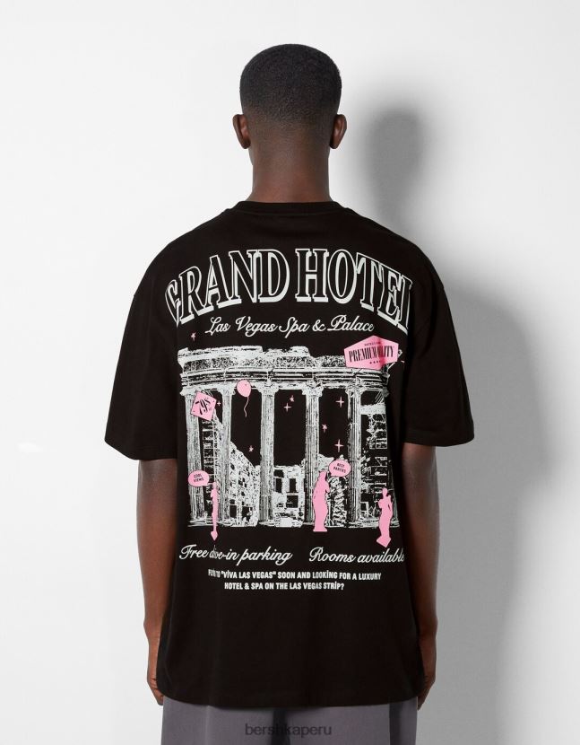 negro Bershka hombres playera de manga corta con estampado boxy fit 806J6B2851