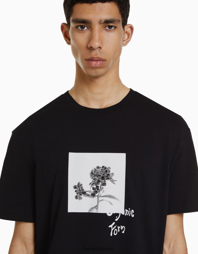 negro Bershka hombres playera de manga corta con estampado floral 806J6B2762