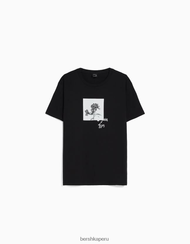 negro Bershka hombres playera de manga corta con estampado floral 806J6B2762