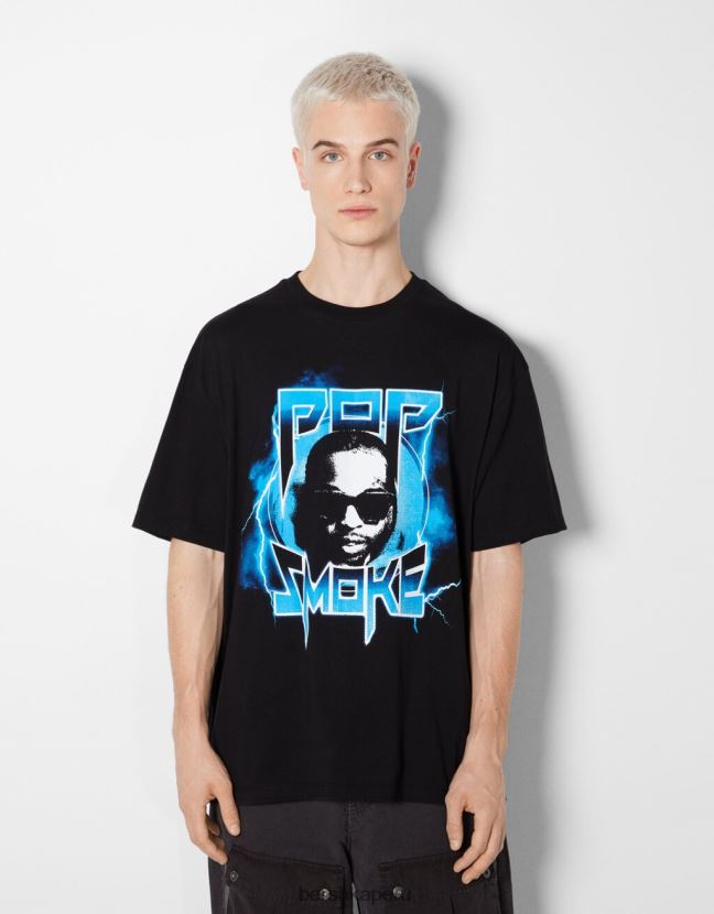 negro Bershka hombres playera de manga corta con estampado pop smoke 806J6B2700