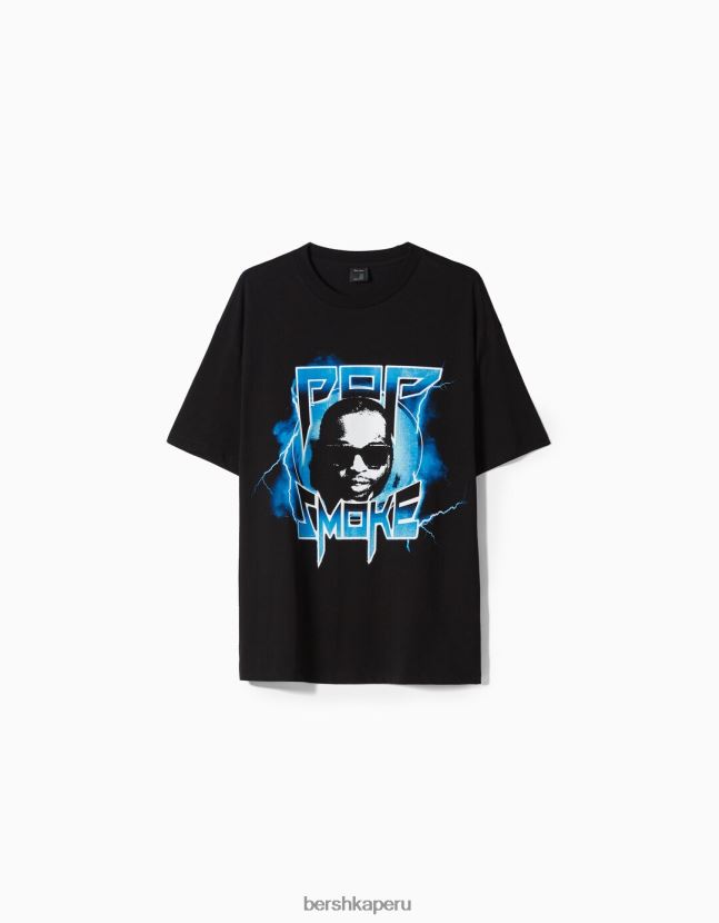 negro Bershka hombres playera de manga corta con estampado pop smoke 806J6B2700