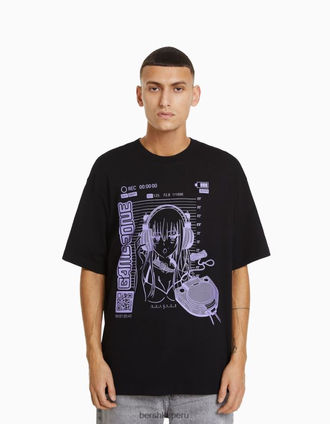 negro Bershka hombres playera de manga corta de corte cuadrado con estampado de anime de los años 90 806J6B2733