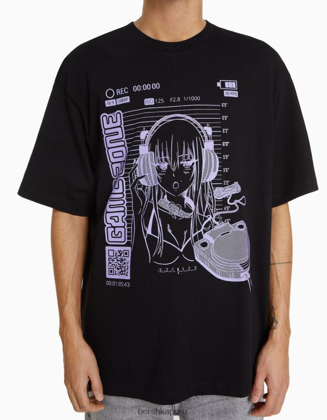 negro Bershka hombres playera de manga corta de corte cuadrado con estampado de anime de los años 90 806J6B2733