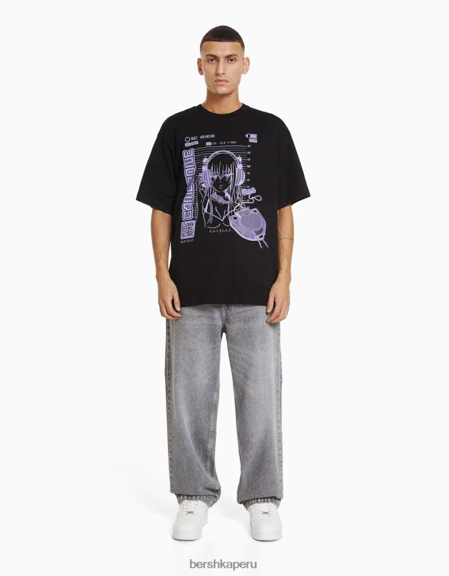 negro Bershka hombres playera de manga corta de corte cuadrado con estampado de anime de los años 90 806J6B2733