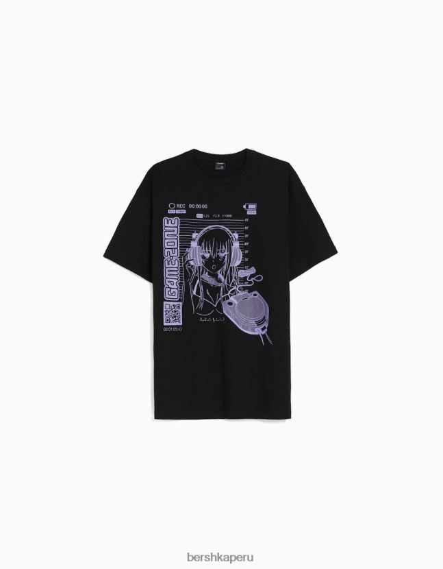 negro Bershka hombres playera de manga corta de corte cuadrado con estampado de anime de los años 90 806J6B2733