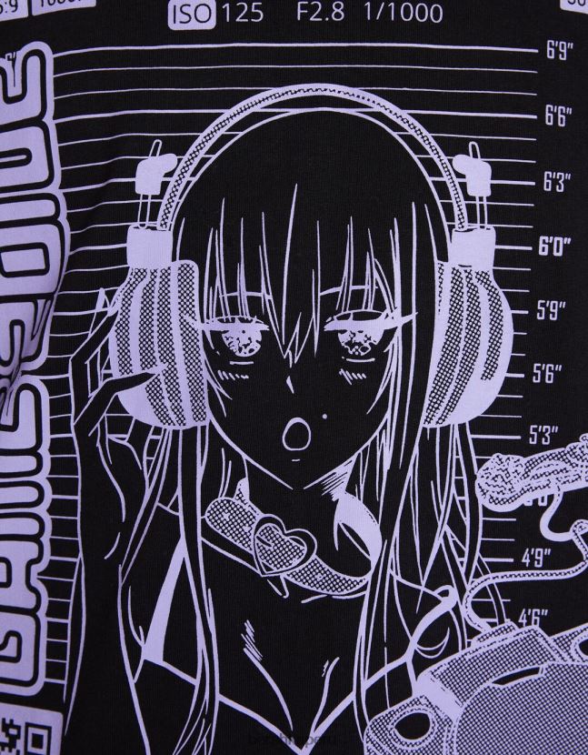 negro Bershka hombres playera de manga corta de corte cuadrado con estampado de anime de los años 90 806J6B2733