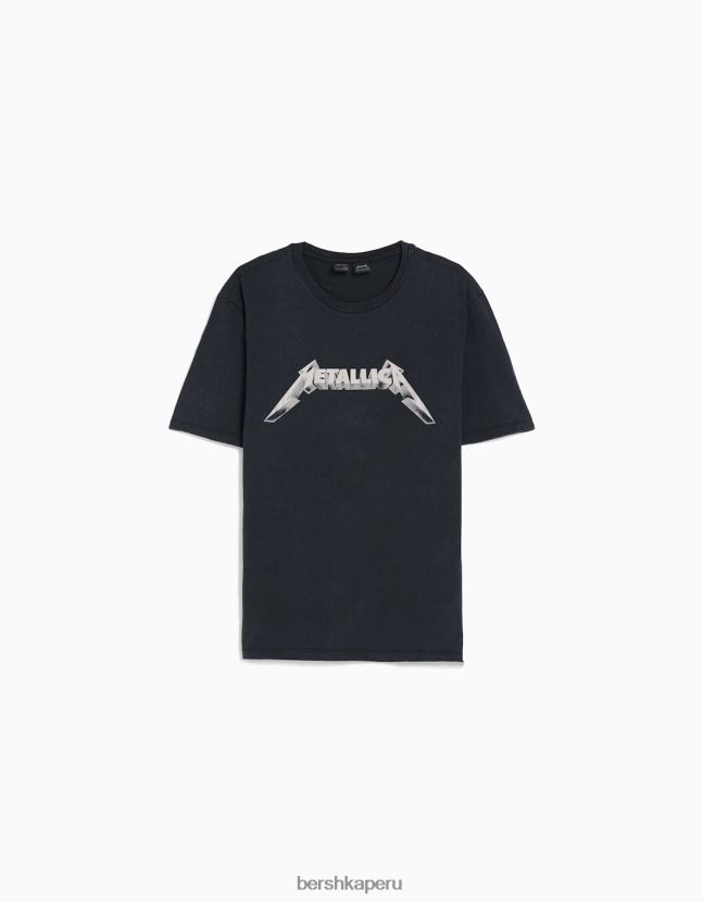 negro Bershka hombres playera desteñida de ajuste fácil con estampado de Metallica 806J6B2790