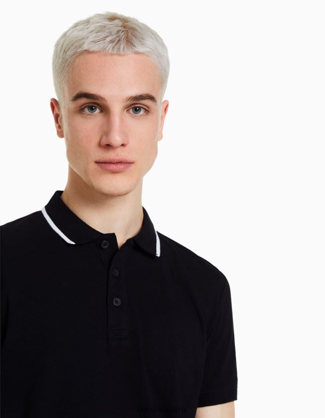 negro Bershka hombres polo de manga corta a rayas 806J6B2678