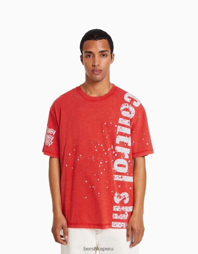 rojo Bershka hombres camiseta de manga corta con estampado desteñido 806J6B2840