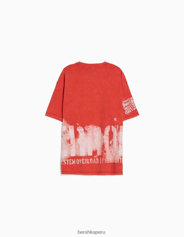 rojo Bershka hombres camiseta de manga corta con estampado desteñido 806J6B2840
