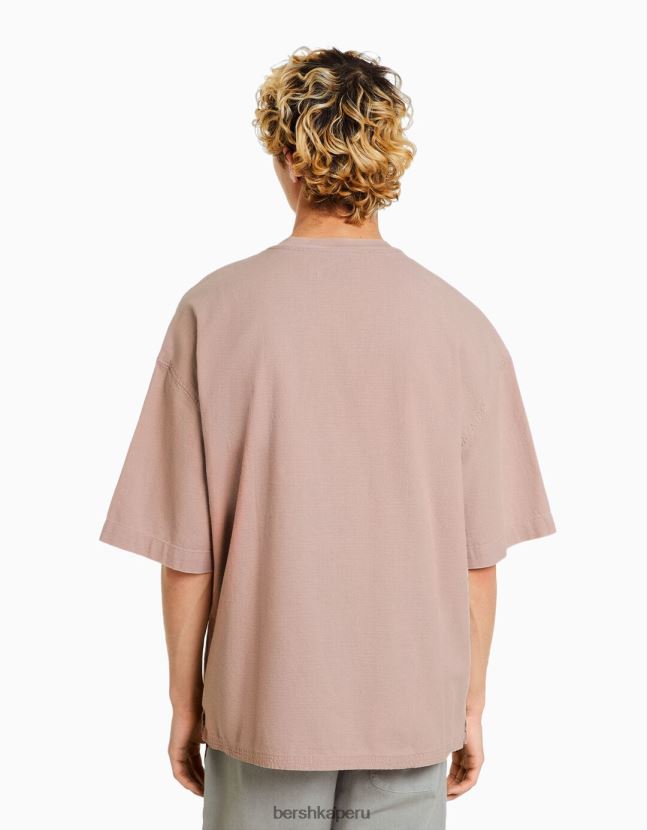 rosa Bershka hombres camiseta de manga corta con acabado rústico 806J6B2853