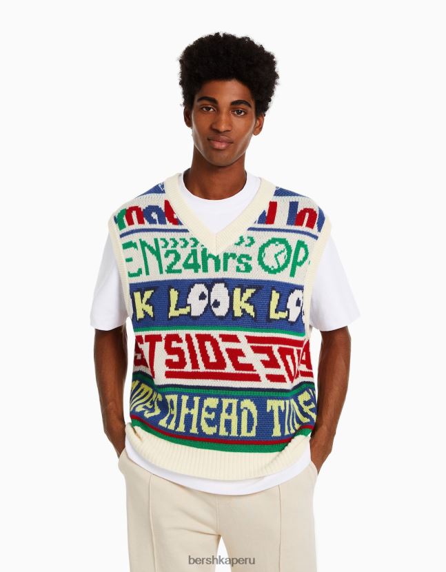 crema Bershka hombres chaleco tejido con cuello de pico en intarsia 806J6B3007