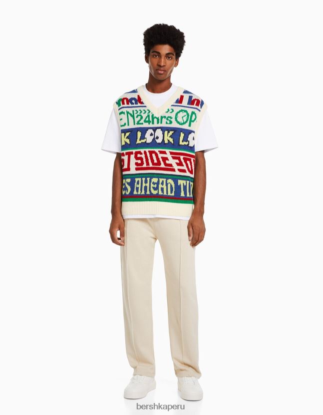 crema Bershka hombres chaleco tejido con cuello de pico en intarsia 806J6B3007