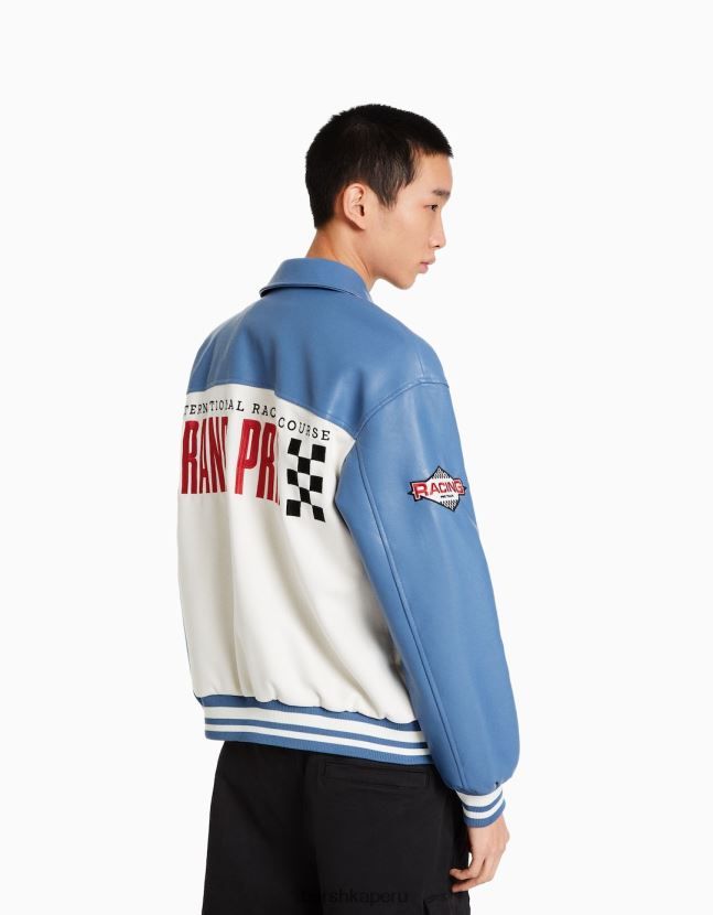 azul Bershka hombres chamarra de carreras de gamuza sintética y piel sintética 806J6B3045