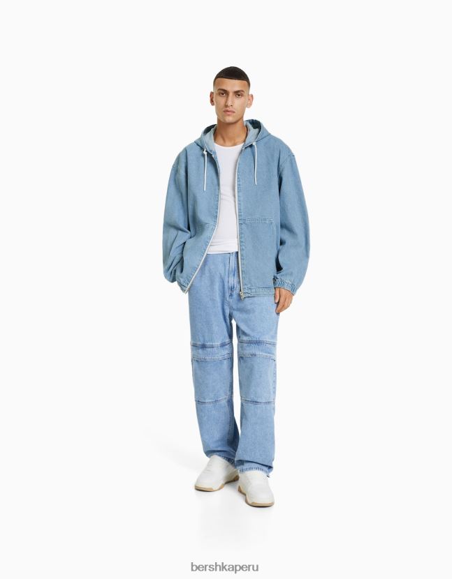 azul claro Bershka hombres chamarra de mezclilla con capucha 806J6B3053