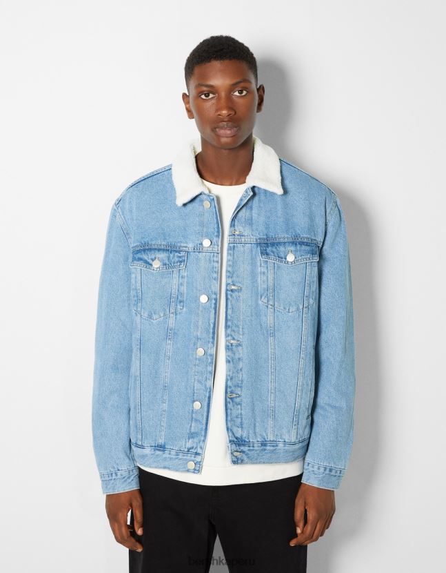 azul claro Bershka hombres chaqueta vaquera con forro polar 806J6B3102