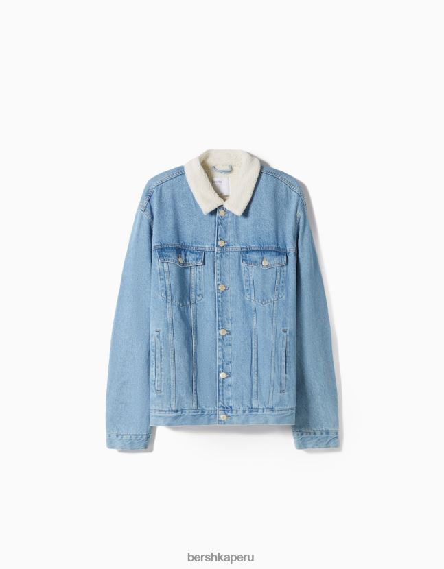 azul claro Bershka hombres chaqueta vaquera con forro polar 806J6B3102