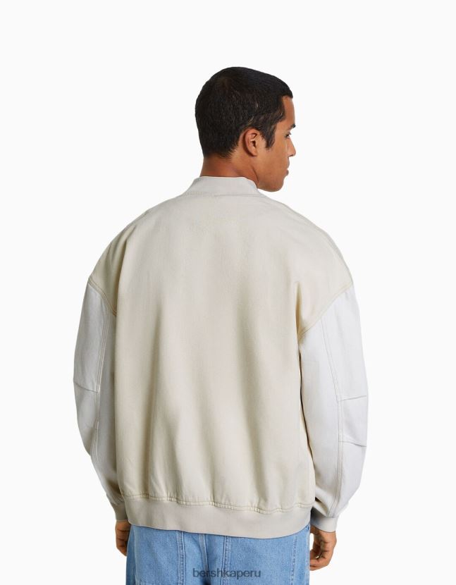 crema Bershka hombres cazadora bomber vaquera con hilo en contraste 806J6B3098